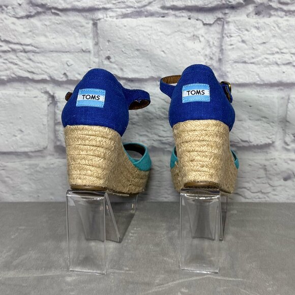 Toms Turquoise Canvas Ankle Strap Espadrille Wedges - Picture 4 of 5